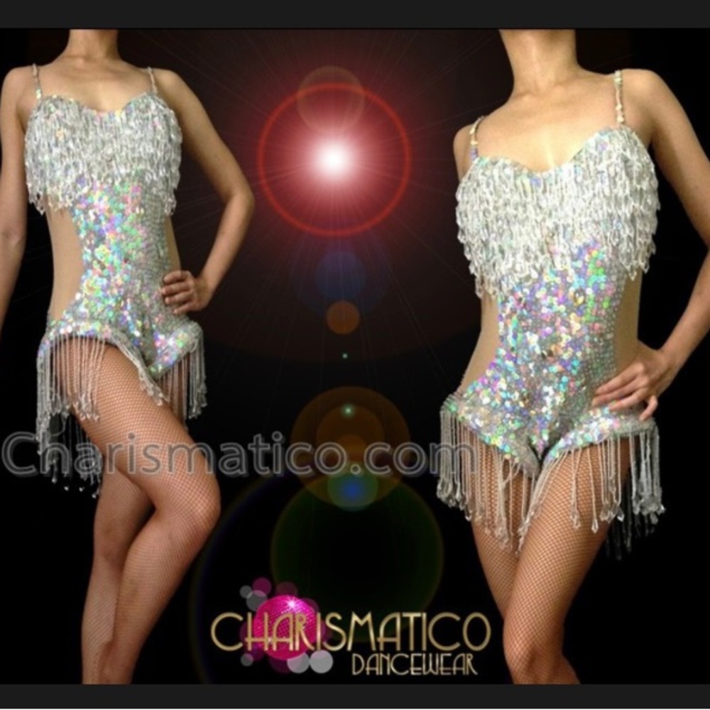 Silver/White Iridescent Sequin/beaded Bodysuit for Show